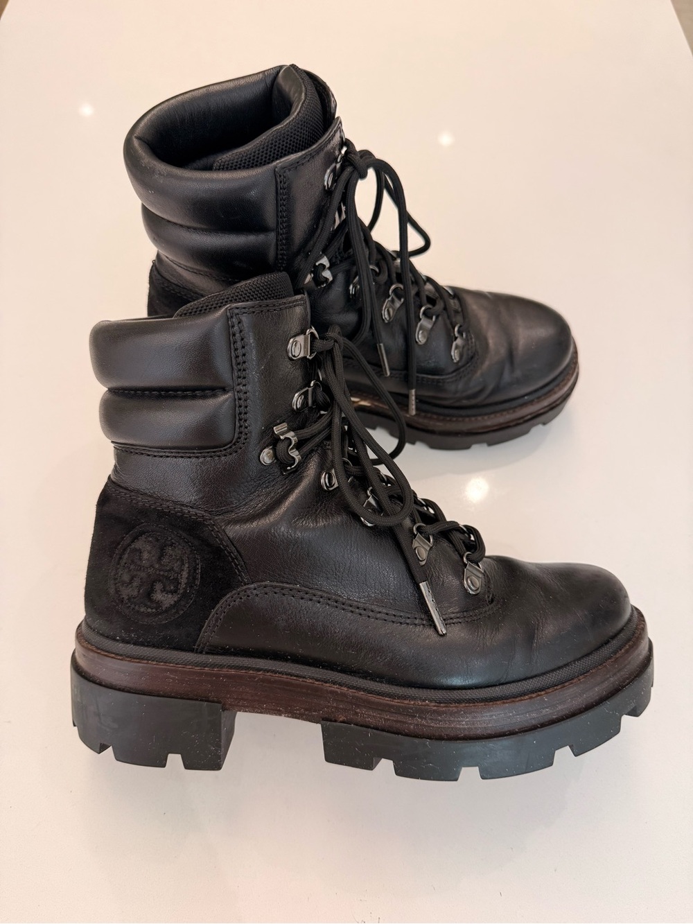 Tory Burch Miller Lug Hiker Boots Black‎ Leather Combat Boots 8.5 Needs REPAIR